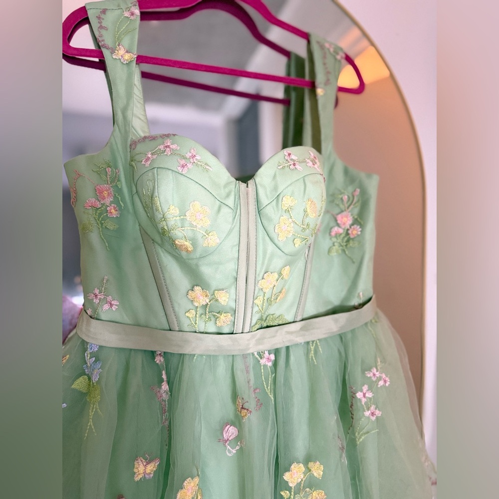 Floral Embroidered Green Dress , corset style and tulle bottom